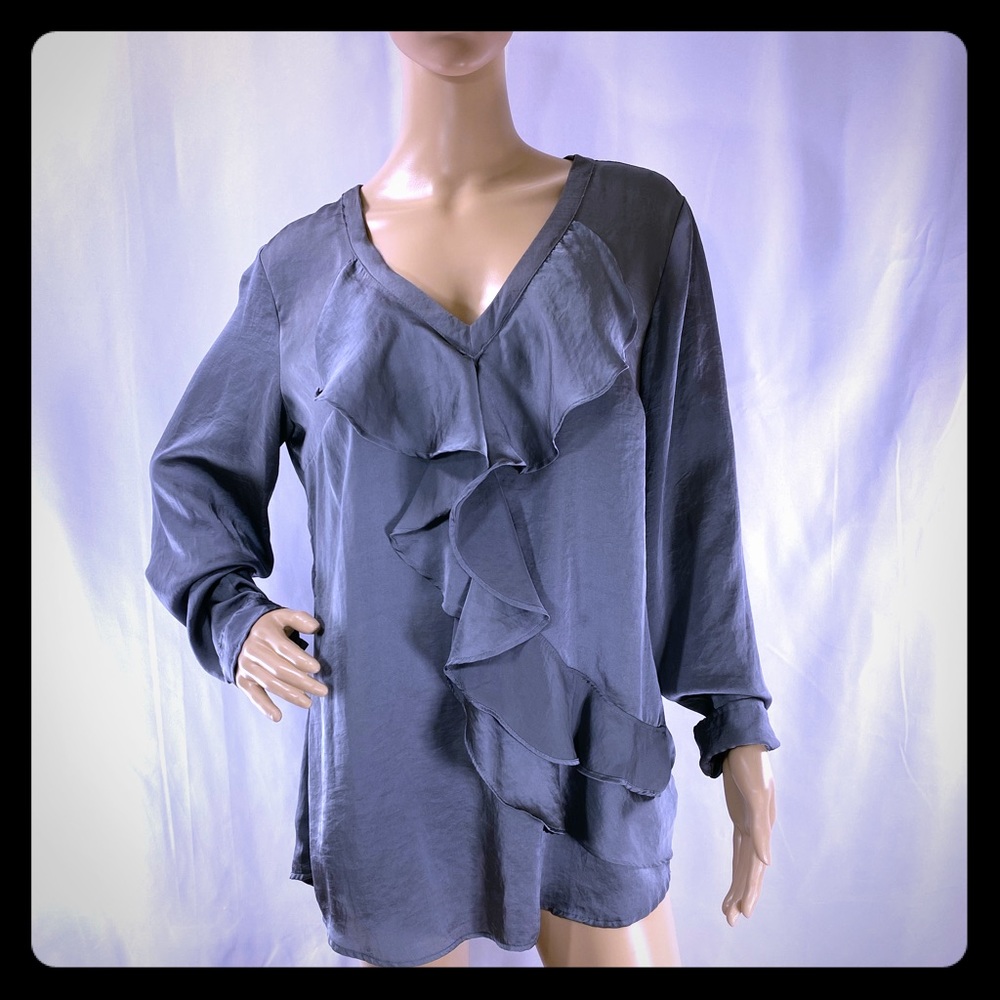 New York & Co. Grey Silky Satin Long Sleeve Blouse